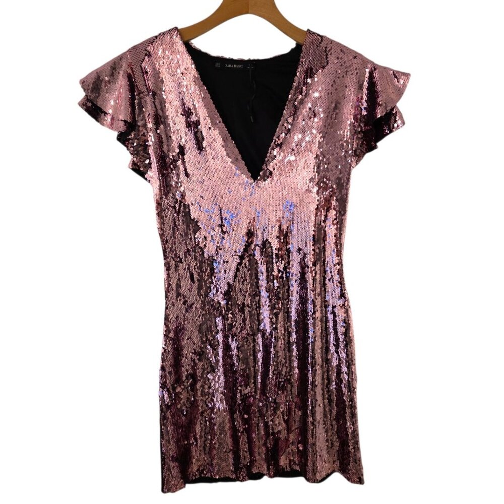 Zara Basic Sequin Dress Sz M Pink Sparkle Glamorous Party New Years Eve‎ Lined